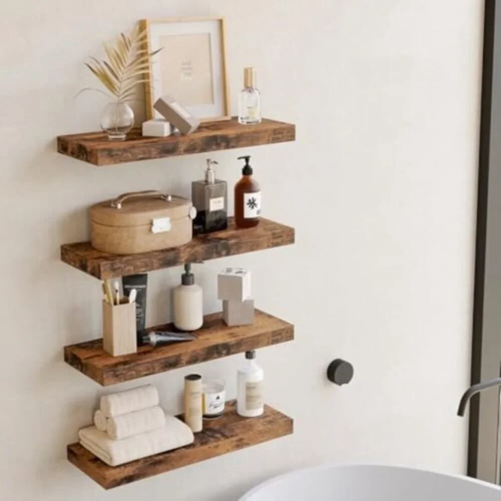 New Set of 4 Rustic Wood 15.8Inch Floating Wall Shelves for Home Decor
